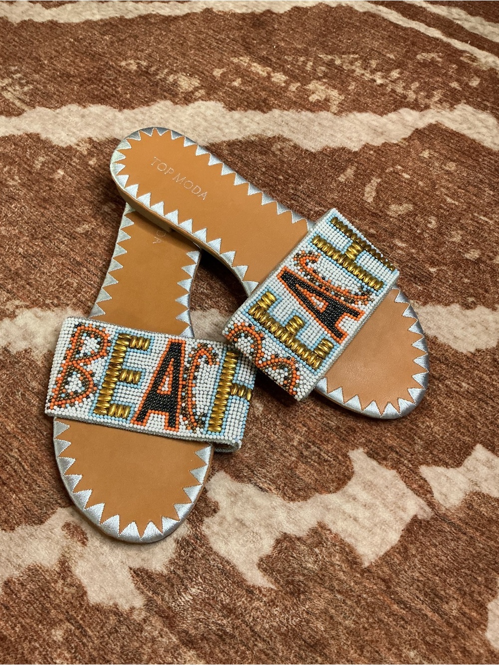 TOP Moda Tan Slide Sandals with Multicolor Beaded 'BEACH' Strap